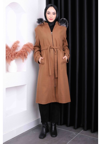 Camel Bel Kuşaklı Kaşe Kaban