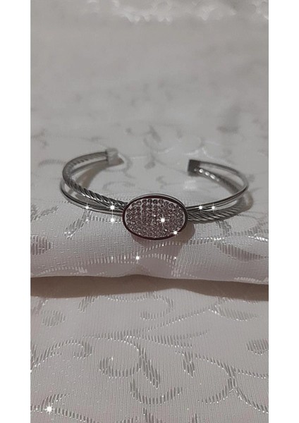 Çelik Bileklik Zirkon Taşlı Kelepçe Bilezik