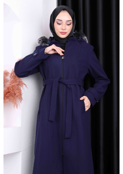 Lacivert Bel Kuşaklı Kaşe Kaban modelleri