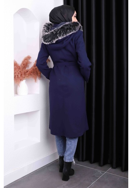 Lacivert Bel Kuşaklı Kaşe Kaban fırsatları