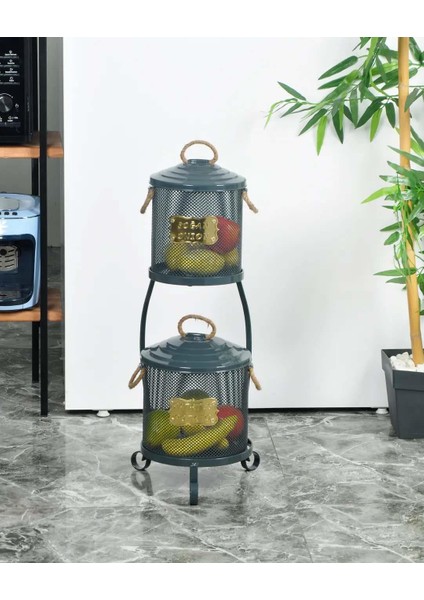 Metal Patates Soğan Kovası 2 Katlı Fileli Antrasit Renk