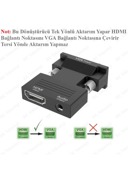 Ses Destekli HDMI Dişi To VGA Erkek Çevirivi Dönüştürücü