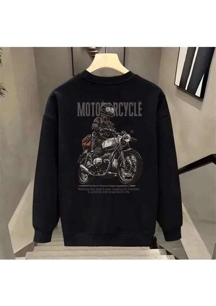 Özel Tasarım Bisiklet Yaka Motor Sırt Baskılı Şardonlu Kışlık Sokak Modası Erkek Sweatshırt