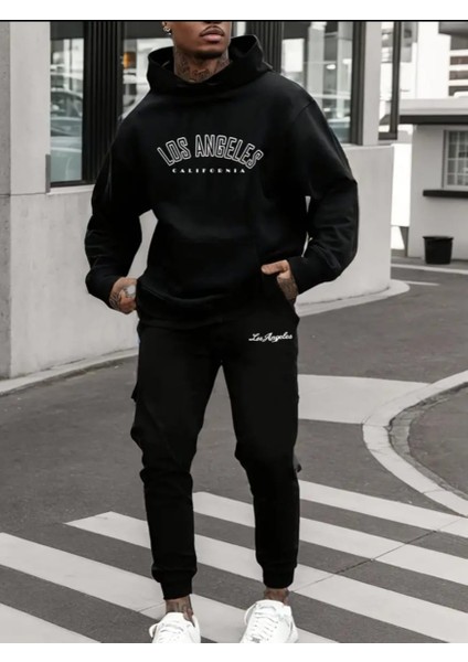 Büyük Beden Özel Tasarım Kapüşonlu Los Angeles Baskılı Kışlık Modern Battal Erkek Eşofman Takımı