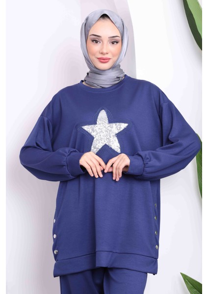 Lacivert Pul Nakışlı Modal Tunik Pantolonlu Takım modelleri