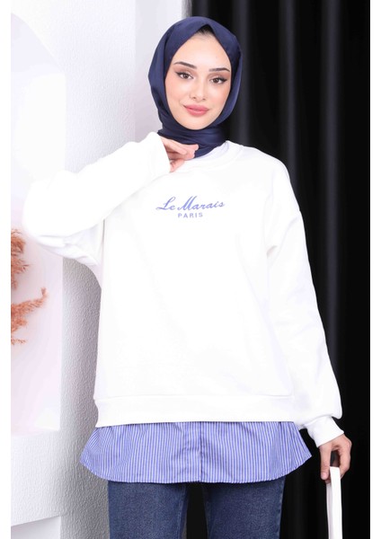 Ekru Nakışlı Üç İplik Sweat modelleri