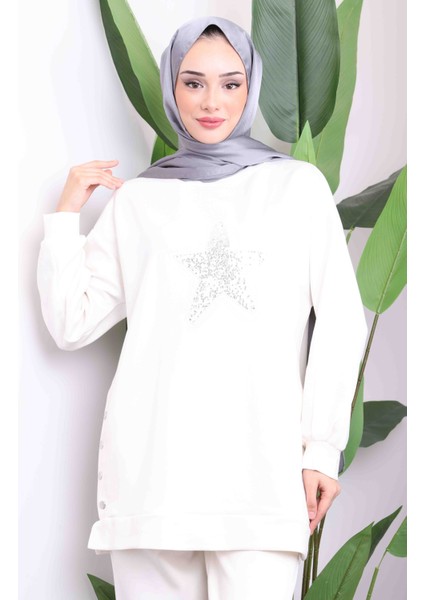 Ekru Pul Nakışlı Modal Tunik Pantolonlu Takım modelleri