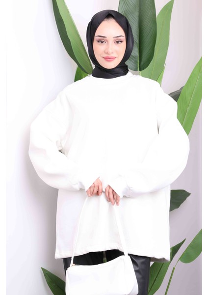 Ekru Bisiklet Yaka Üç İplik Sweat Tunik