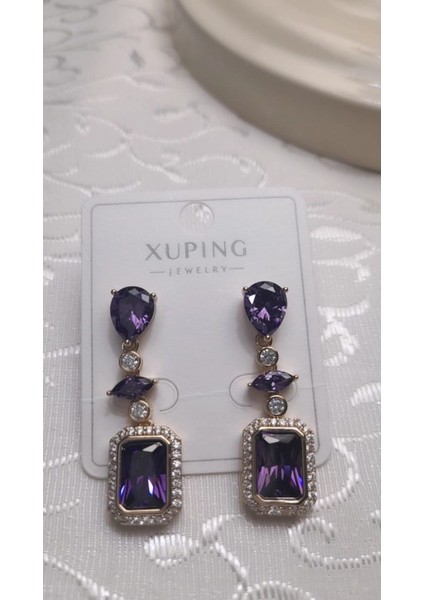 Xuping Küpe Çelik Sarı Etrafı Mor Taşlı Küpe, Dik Kesim Zirkon Taşlı Çelik Küpe