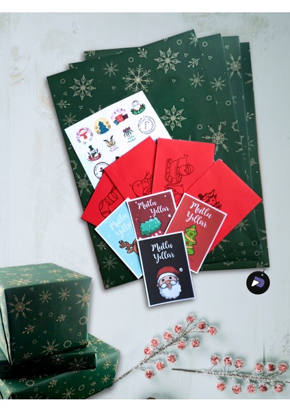 Yılbaşı Hediye Paketi Seti, 4'Lü Yeni Yıl Tebrik Kartı, Yılbaşı Zarf,Sticker,Kartpostal Kırmızı Zarf
