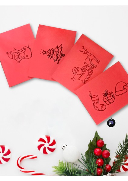Yılbaşı Hediye Paketi Seti, 4'Lü Yeni Yıl Tebrik Kartı, Yılbaşı Zarf,Sticker,Kartpostal Kırmızı Zarf modelleri