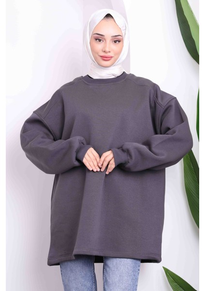 Füme Bisiklet Yaka Üç İplik Sweat Tunik