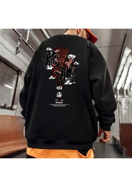 Özel Tasarım Bisiklet Yaka Dragon Sırt Baskılı Şardonlu Kışlık Japon Stil Erkek Sweatshırt