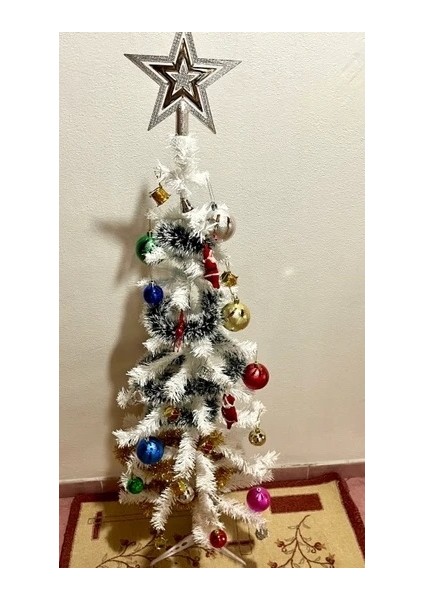 120 cm Beyaz Yılbaşı Çam Ağacı Seti (Süs+Tepelik)