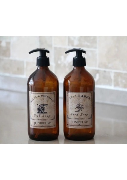 JUNİBELİW 2li Vintage Serisi Amber Cam Şişe 2X500ML Bulaşık Deterjanlık Sıvı Sabunluk Suya Dayanıklı Etiket