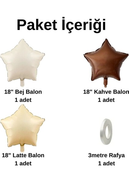 18 Inç Bej Latte Kahverengi Retro Yıldız Şekilli Parti Balon Seti (Balon Bandı Hediyeli)