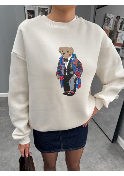 Ekru Teddy Bear Baskılı Sweat