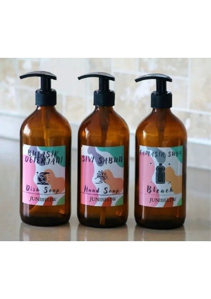 JUNİBELİW 3'lü Set Renkli Seri Amber Cam Şişe Sabunluk Bulaşık Deterjanlık Çamaşır Suyu Sıvı Sabunluk 3 x 500 ml