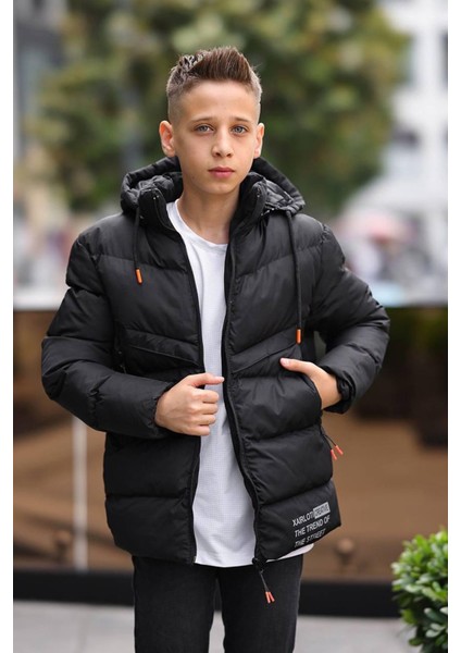 Xarloti Kapüşonlu Şişme Erkek çocuk mont - Siyah