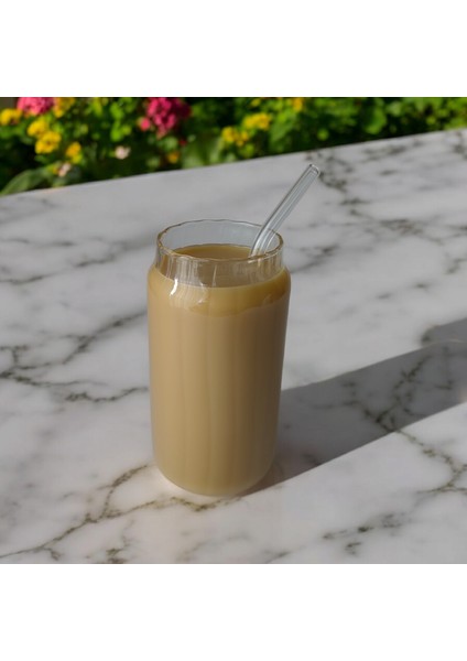 Çizgili Cam Kahve Meşrubat Bardağı 400 ml Cam Pipet Hediyeli