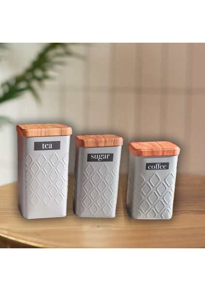 Bambu Kapak Görünümlü Baklava Desenli Metal 3 Boy Kavanoz Seti (Yeni Desen)