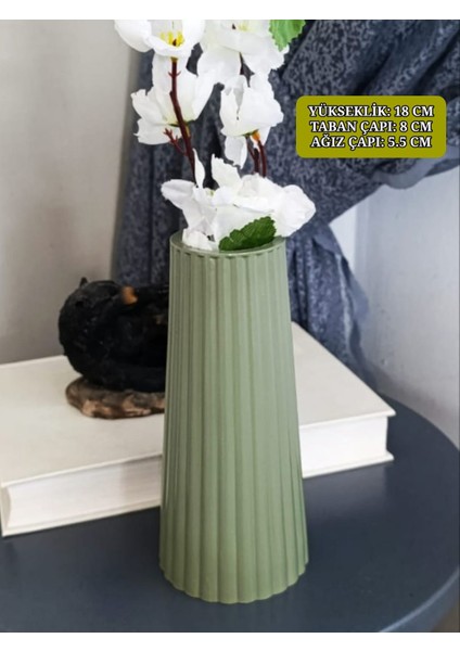 Mint Yeşili Renk Uzun Büyük Boy Çizgili Vazo Bohem Uzun Vazo Iskandinav Tarz Vazo 18X8 cm