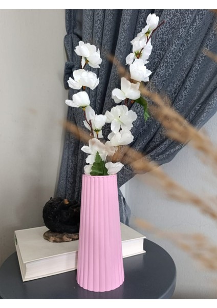 Pastel Pembe Renk Uzun Büyük Boy Çizgili Vazo Bohem Uzun Vazo Iskandinav Tarz Vazo 18 x 8 cm