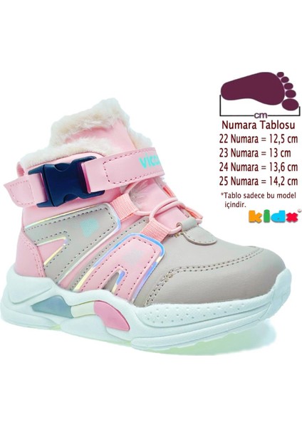 Right Hafif ve Rahat Kürklü Ortopedik Bebek ve Çocuk Bot Gri Pudra Pembe