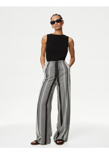 Yüksek Bel Desenli Wide Leg Pantolon