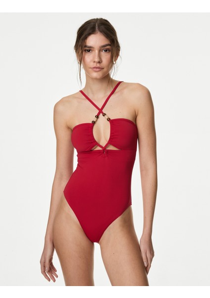 Boncuk Detaylı Cut Out Bandeau Mayo