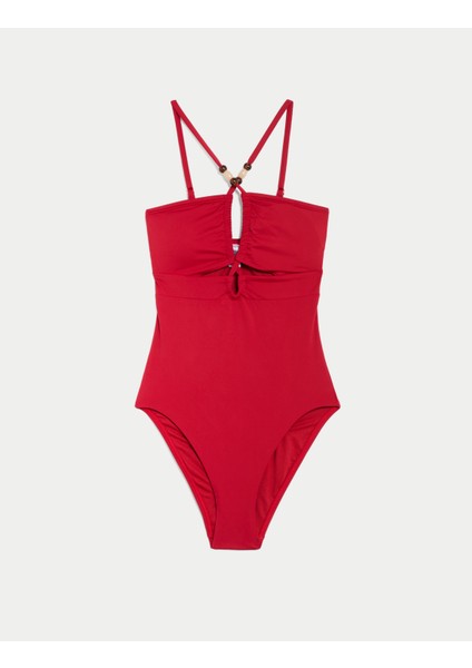 Boncuk Detaylı Cut Out Bandeau Mayo