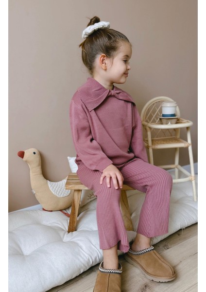 Triko Fiyonk Desenli Kışlık Pamuklu Sweatshirt Tayt Alt-Üst Takım Kız Çocuk modelleri