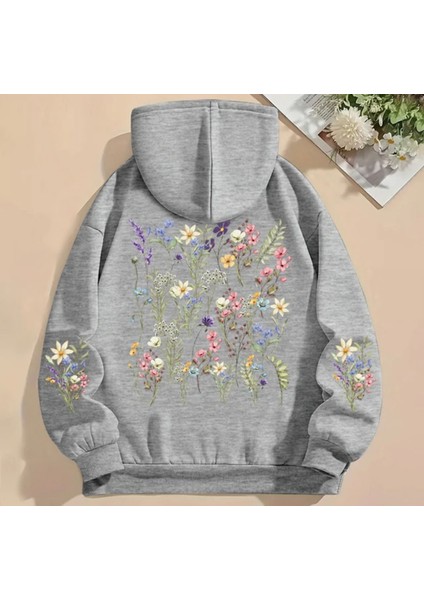 Büyük Beden Özel Tasarım Kapüşonlu Bahar Çiçekleri Sırt Kol Baskılı Şık Battal Kadın Sweatshırt
