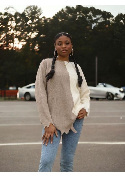 Kadın Yırtık Desenli Çift Renk Kazak