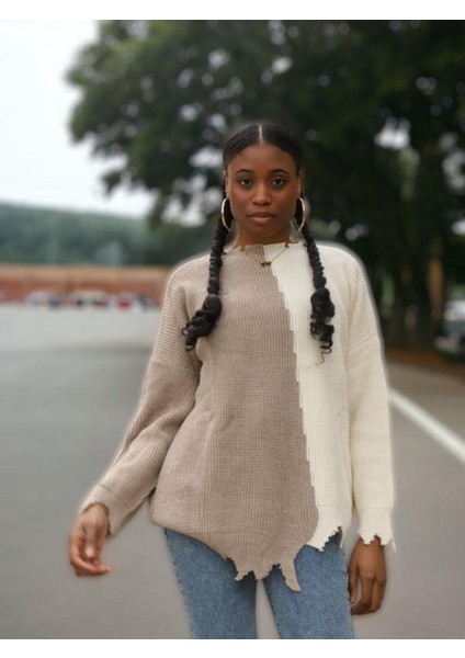 Kadın Yırtık Desenli Çift Renk Kazak fırsatları