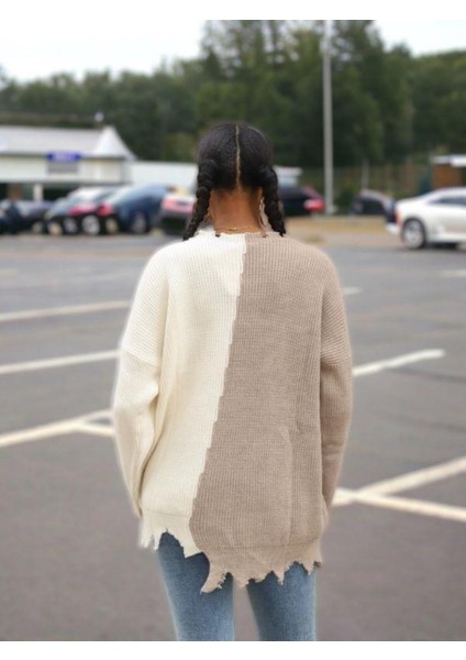 Kadın Yırtık Desenli Çift Renk Kazak indirimleri