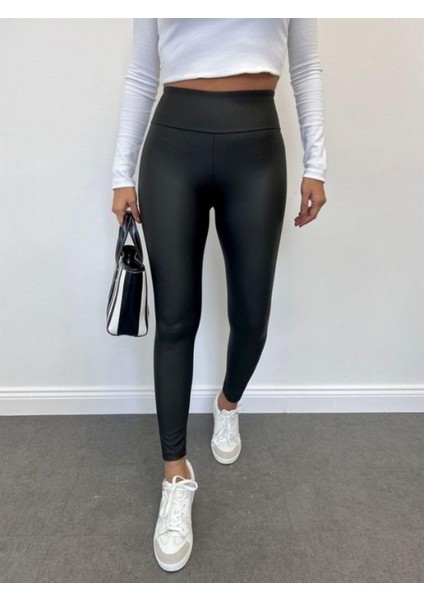 Kadın Bel Kemer Detaylı Mat Deri Toparlayıcı Tayt