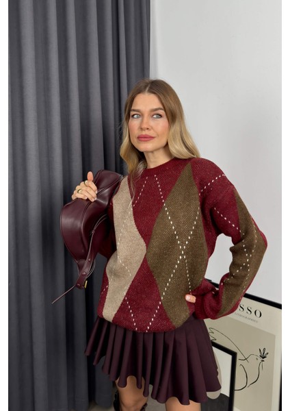 Bordo Kahve Baklava Desenli Oversize Kazak