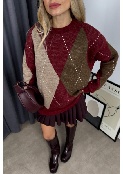 Bordo Kahve Baklava Desenli Oversize Kazak