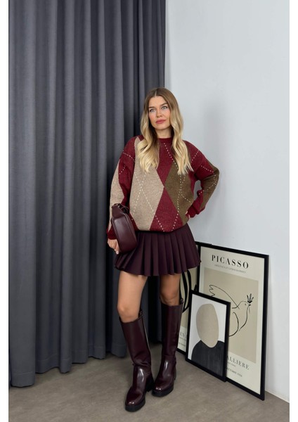 Bordo Kahve Baklava Desenli Oversize Kazak