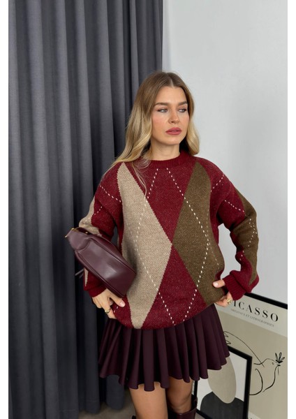 Bordo Kahve Baklava Desenli Oversize Kazak