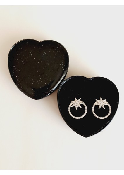 Gümüş Kalp Kutulu Şimal Yıldızı Tasarım Kadın Küpe Yılbaşı Yeni Yıl Hediye