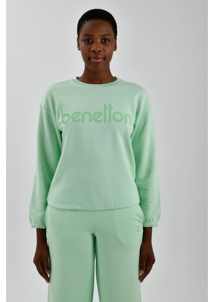 Kadın Önü Logo Baskılı Bisiklet Yaka Sweatshirt