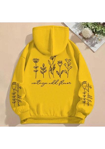 Büyük Beden Özel Tasarım Kapüşonlu Vintage Wild Flower Sırt Baskılı Şık Battal Kadın Sweatshırt