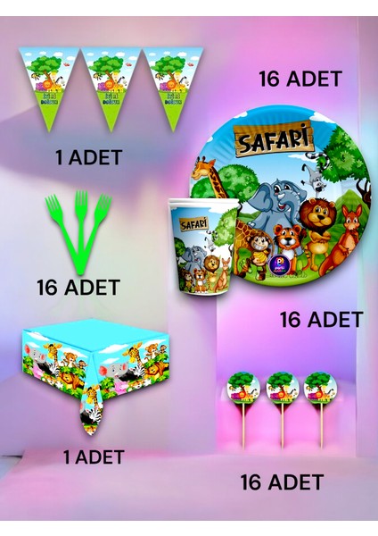 16 Kişilik Safari Temalı Premium Set - Doğum Günü Parti ve Eğlenceli Etkinlikler