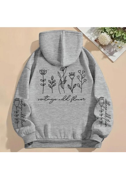 Büyük Beden Özel Tasarım Kapüşonlu Vintage Wild Flower Sırt Baskılı Şık Battal Kadın Sweatshırt