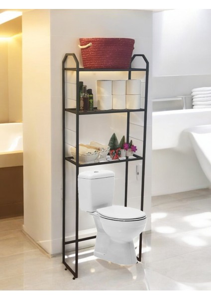 Metal Ayaklı 3 Raflı Banyo Rafı Klozet Üstü Dekoratif Raf Askılık Organizer