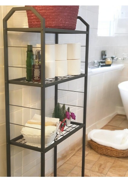 Metal Ayaklı 3 Raflı Banyo Rafı Klozet Üstü Dekoratif Raf Askılık Organizer