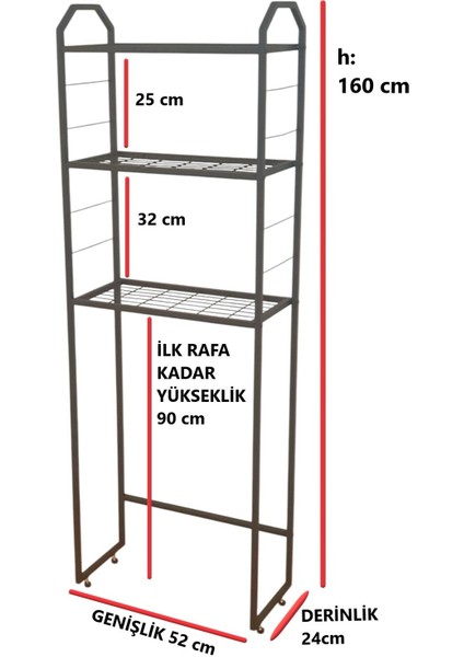 Metal Ayaklı 3 Raflı Banyo Rafı Klozet Üstü Dekoratif Raf Askılık Organizer