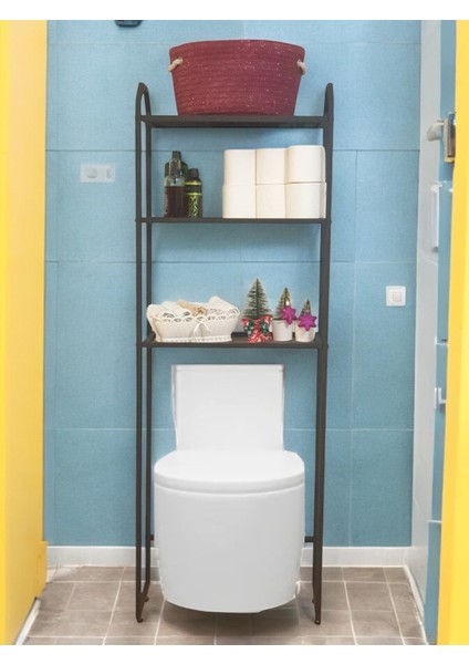 Metal Ayaklı 3 Raflı Banyo Rafı Klozet Üstü Dekoratif Raf Askılık Organizer